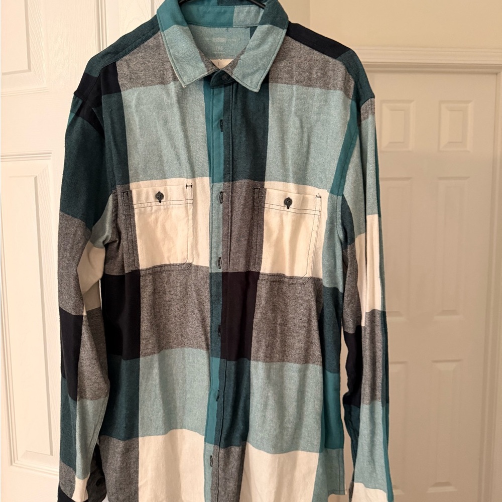 Teal and Gray Striped Button-Up Shirt